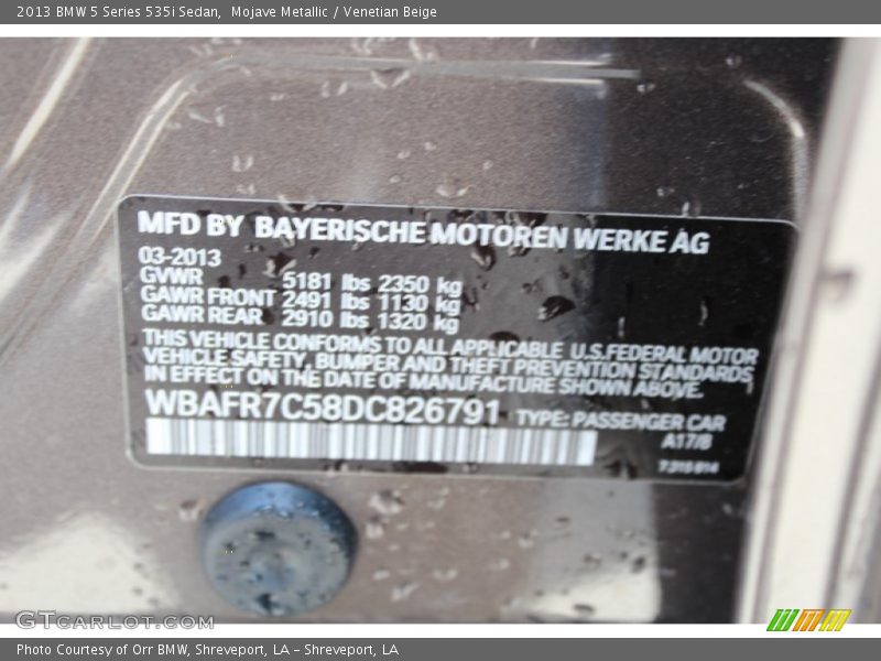 2013 5 Series 535i Sedan Mojave Metallic Color Code A17