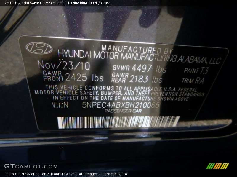 Pacific Blue Pearl / Gray 2011 Hyundai Sonata Limited 2.0T