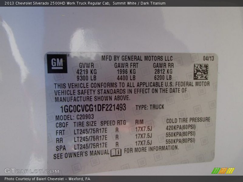 Summit White / Dark Titanium 2013 Chevrolet Silverado 2500HD Work Truck Regular Cab