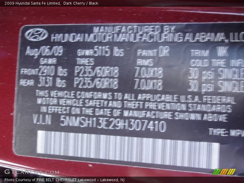 Dark Cherry / Black 2009 Hyundai Santa Fe Limited
