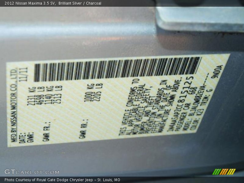 Brilliant Silver / Charcoal 2012 Nissan Maxima 3.5 SV