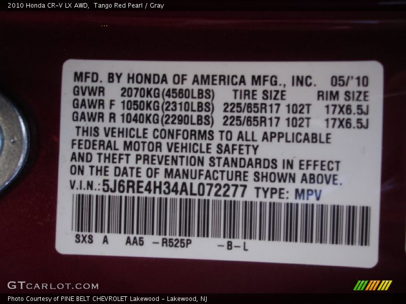 Tango Red Pearl / Gray 2010 Honda CR-V LX AWD