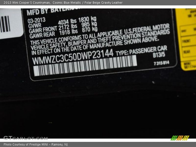 Cosmic Blue Metallic / Polar Beige Gravity Leather 2013 Mini Cooper S Countryman