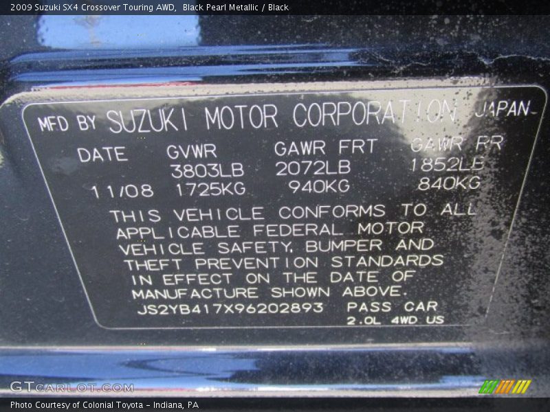 Black Pearl Metallic / Black 2009 Suzuki SX4 Crossover Touring AWD