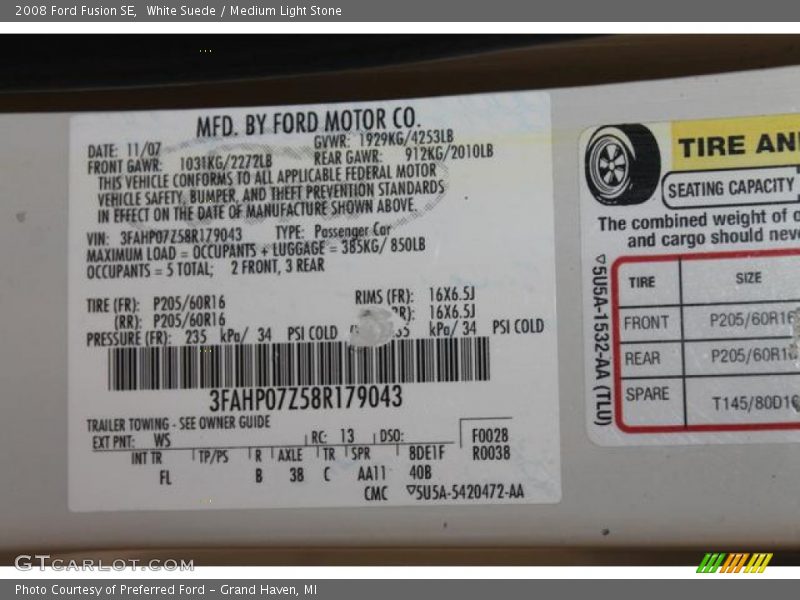 White Suede / Medium Light Stone 2008 Ford Fusion SE