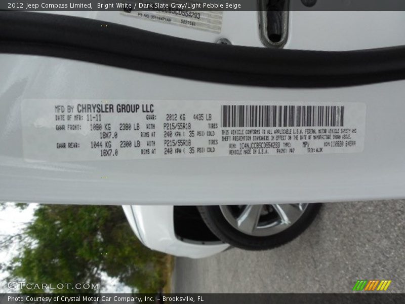 Bright White / Dark Slate Gray/Light Pebble Beige 2012 Jeep Compass Limited