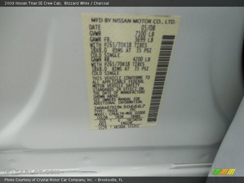 Blizzard White / Charcoal 2009 Nissan Titan SE Crew Cab