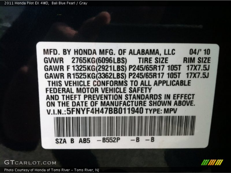 Bali Blue Pearl / Gray 2011 Honda Pilot EX 4WD
