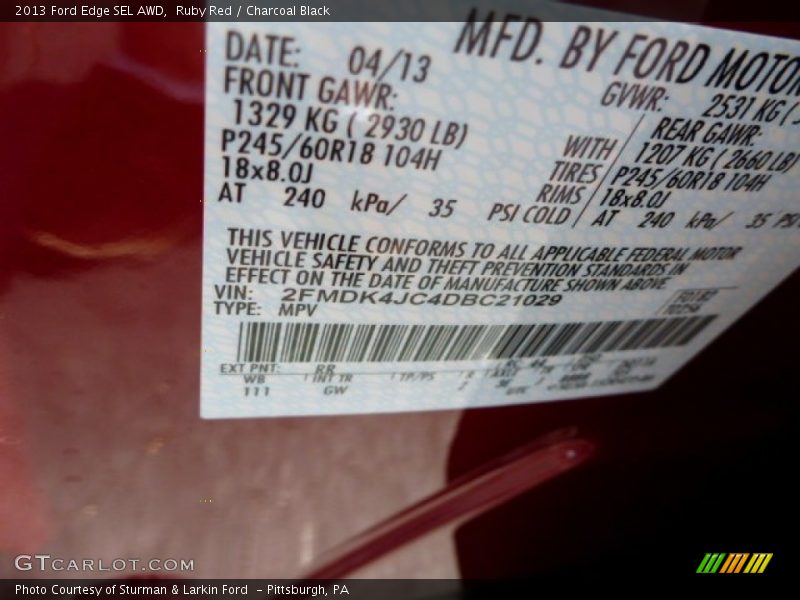 Ruby Red / Charcoal Black 2013 Ford Edge SEL AWD