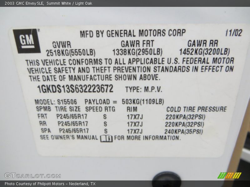 Info Tag of 2003 Envoy SLE