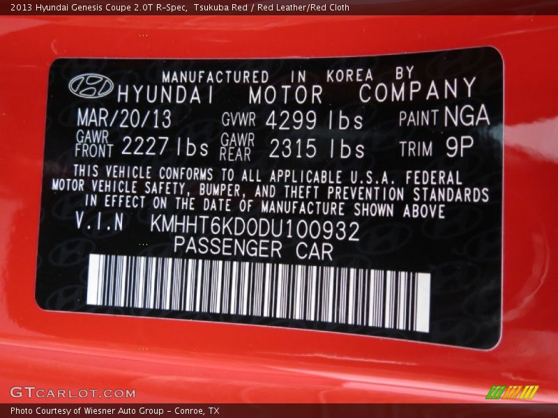 2013 Genesis Coupe 2.0T R-Spec Tsukuba Red Color Code NGA