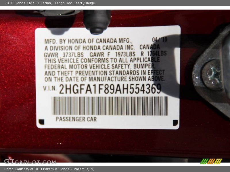 Tango Red Pearl / Beige 2010 Honda Civic EX Sedan
