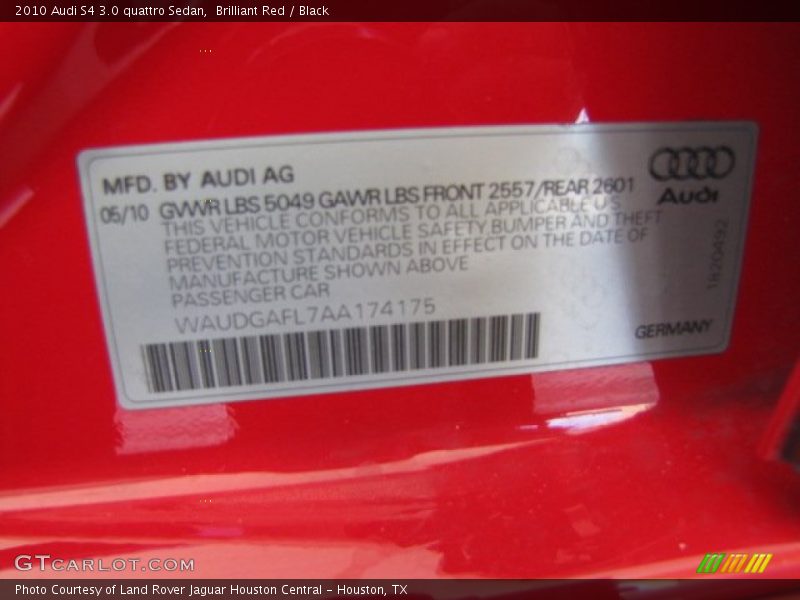 Info Tag of 2010 S4 3.0 quattro Sedan