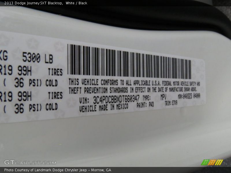 2013 Journey SXT Blacktop White Color Code PW3
