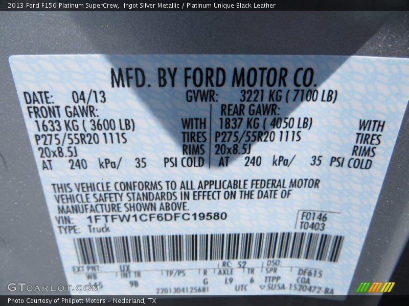 Ingot Silver Metallic / Platinum Unique Black Leather 2013 Ford F150 Platinum SuperCrew