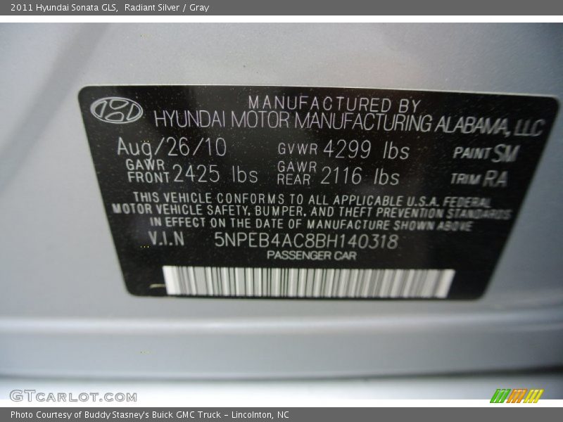 Radiant Silver / Gray 2011 Hyundai Sonata GLS
