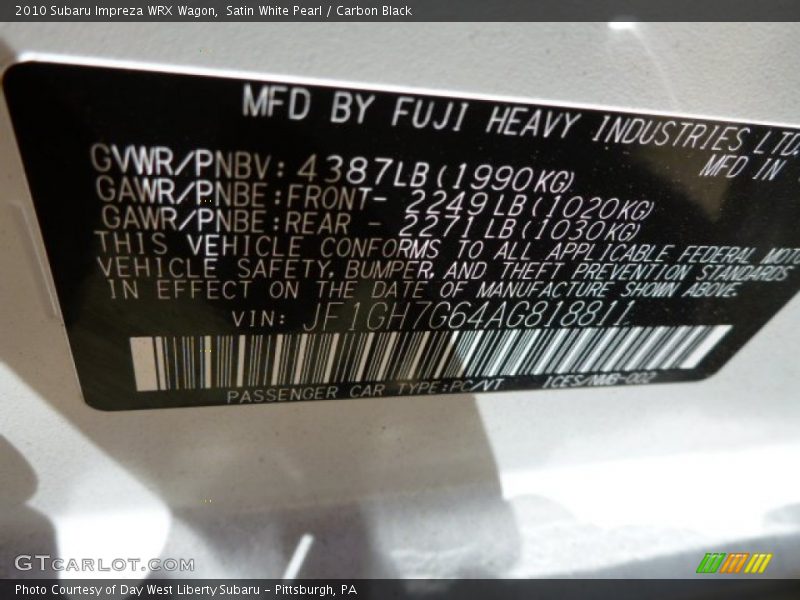 Satin White Pearl / Carbon Black 2010 Subaru Impreza WRX Wagon