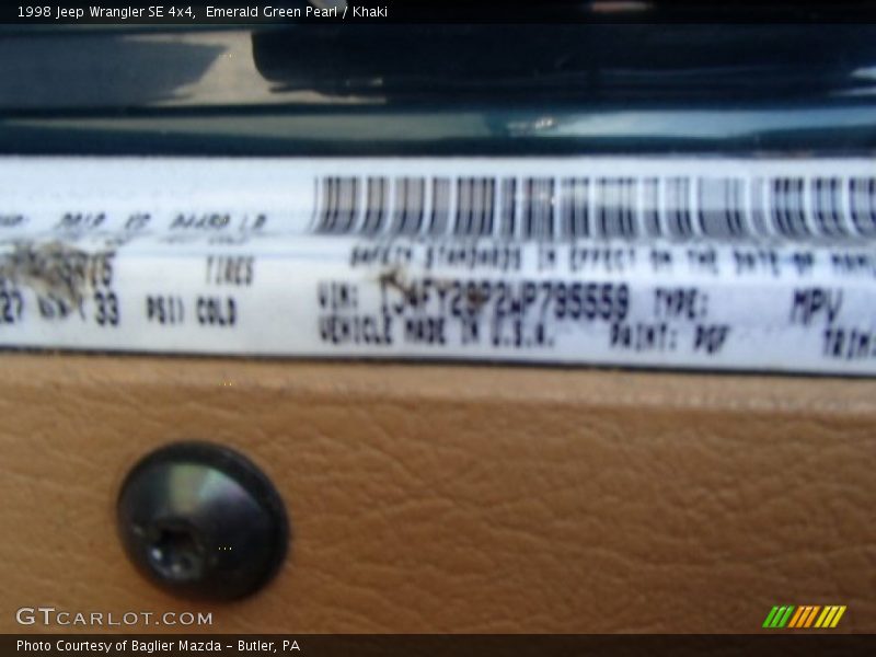 1998 Wrangler SE 4x4 Emerald Green Pearl Color Code PGF