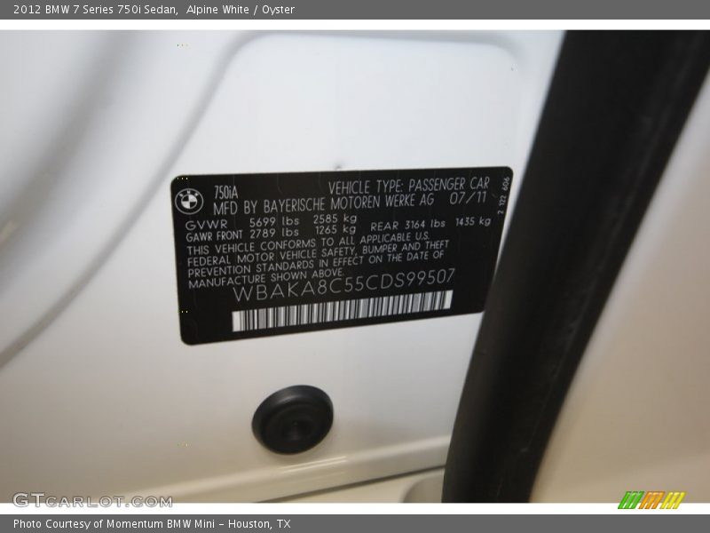 Alpine White / Oyster 2012 BMW 7 Series 750i Sedan