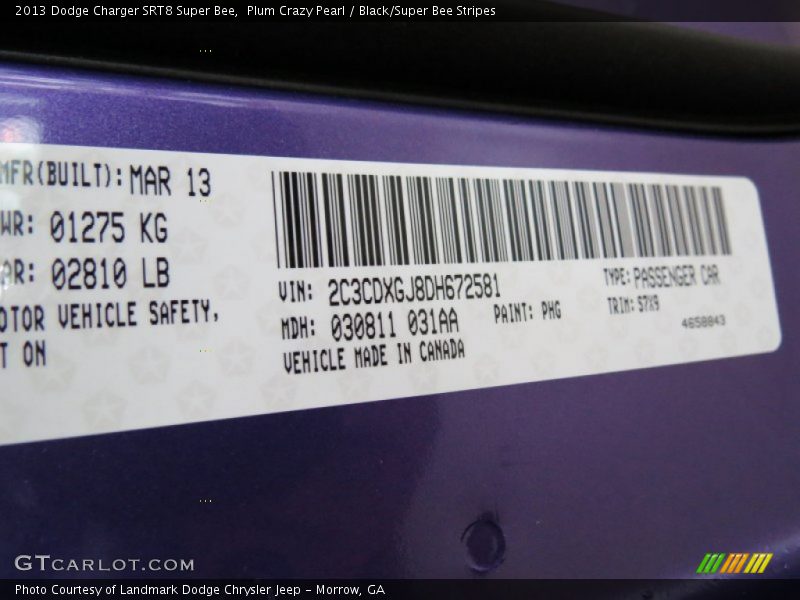 2013 Charger SRT8 Super Bee Plum Crazy Pearl Color Code PHG