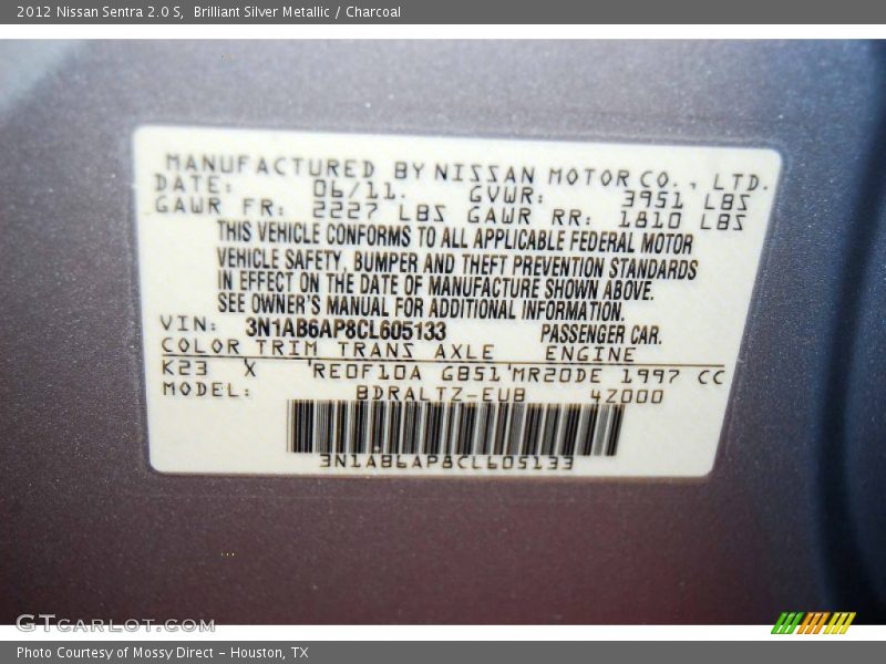 Brilliant Silver Metallic / Charcoal 2012 Nissan Sentra 2.0 S