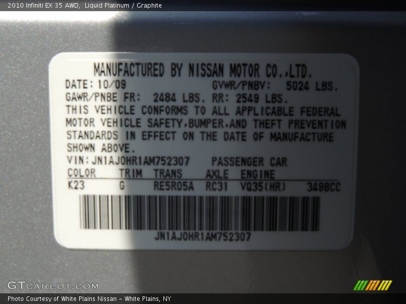 2010 EX 35 AWD Liquid Platinum Color Code K23
