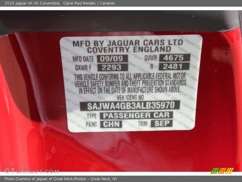 2010 XK XK Convertible Claret Red Metallic Color Code CHN