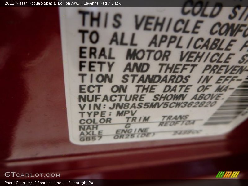 Cayenne Red / Black 2012 Nissan Rogue S Special Edition AWD