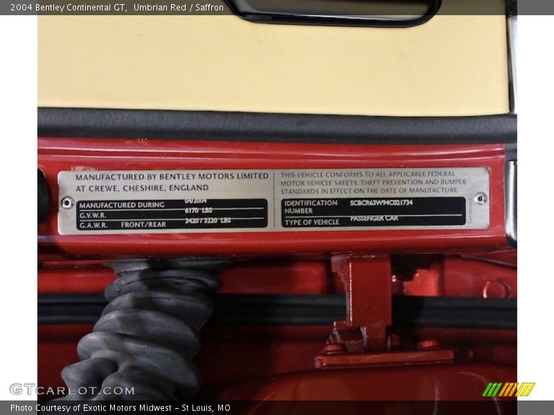 Info Tag of 2004 Continental GT 