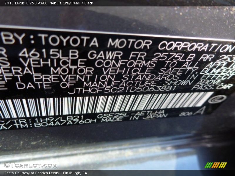 Nebula Gray Pearl / Black 2013 Lexus IS 250 AWD