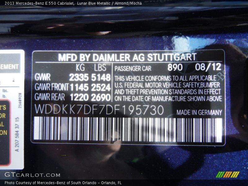 2013 E 550 Cabriolet Lunar Blue Metallic Color Code 890