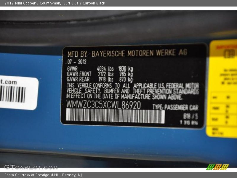 Surf Blue / Carbon Black 2012 Mini Cooper S Countryman