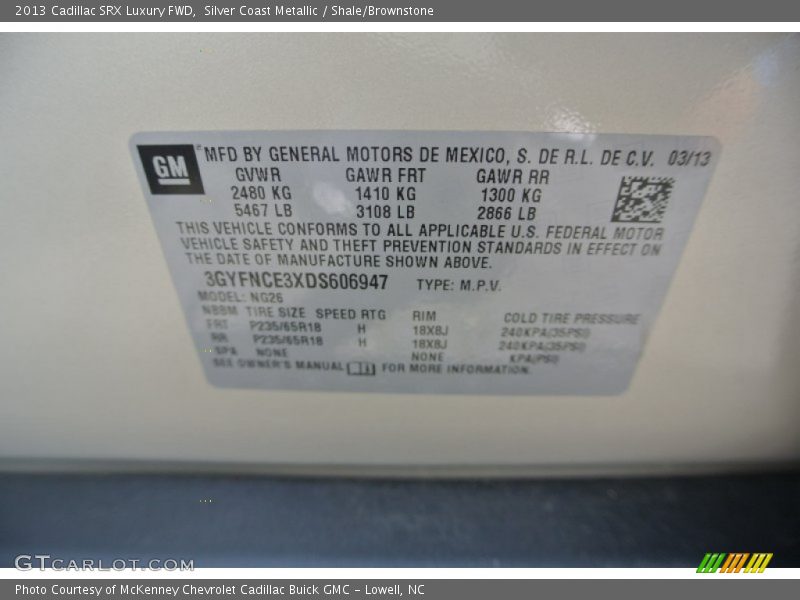 Silver Coast Metallic / Shale/Brownstone 2013 Cadillac SRX Luxury FWD