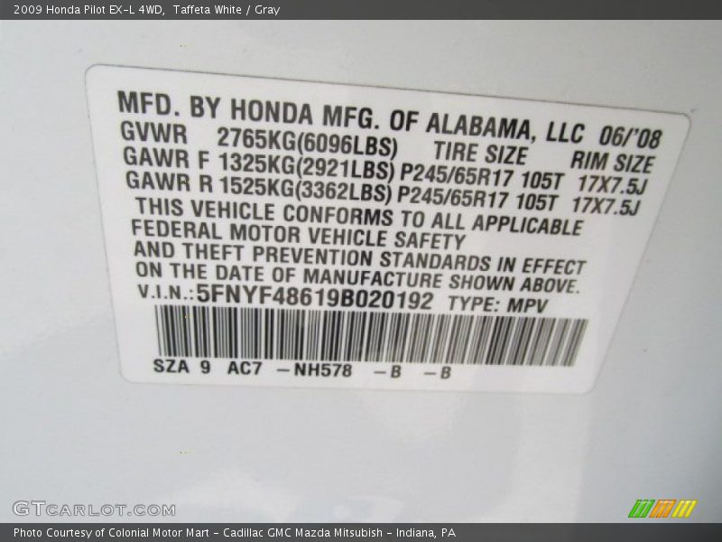 Taffeta White / Gray 2009 Honda Pilot EX-L 4WD