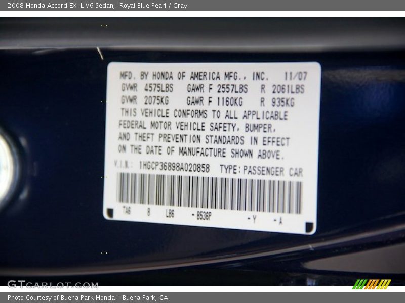 Royal Blue Pearl / Gray 2008 Honda Accord EX-L V6 Sedan