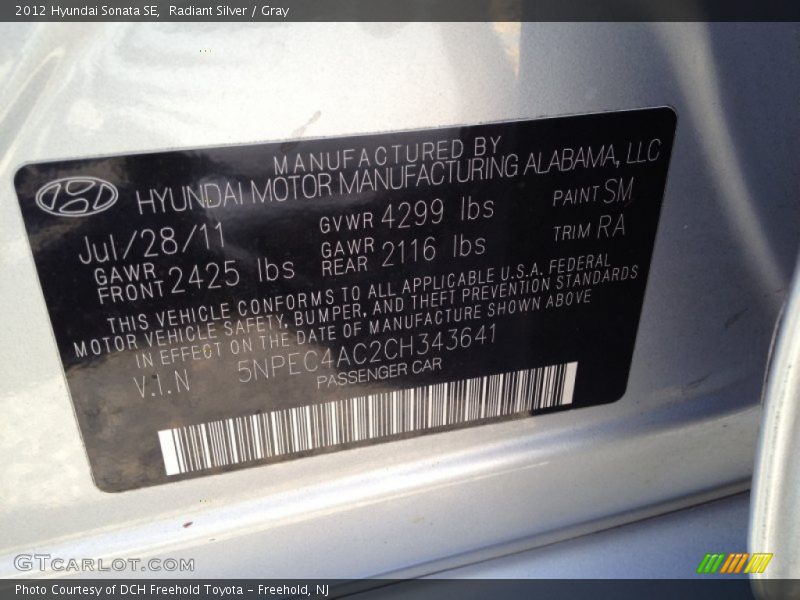 Radiant Silver / Gray 2012 Hyundai Sonata SE