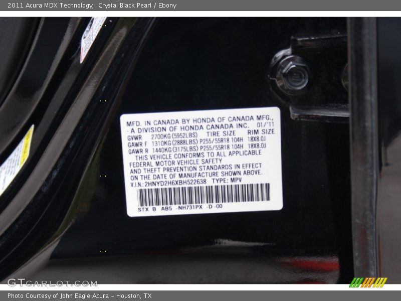 Crystal Black Pearl / Ebony 2011 Acura MDX Technology