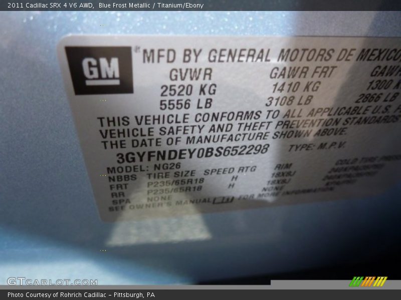 Blue Frost Metallic / Titanium/Ebony 2011 Cadillac SRX 4 V6 AWD