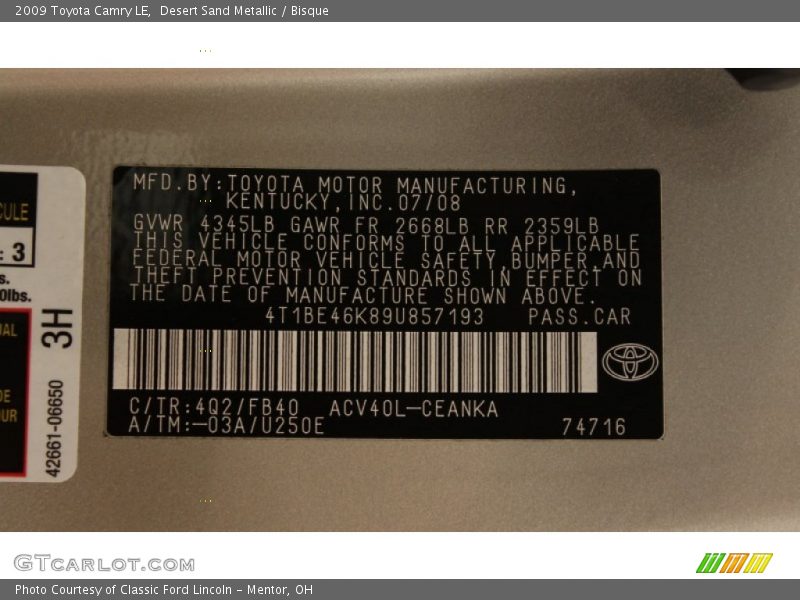 Desert Sand Metallic / Bisque 2009 Toyota Camry LE
