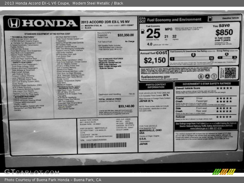 Modern Steel Metallic / Black 2013 Honda Accord EX-L V6 Coupe