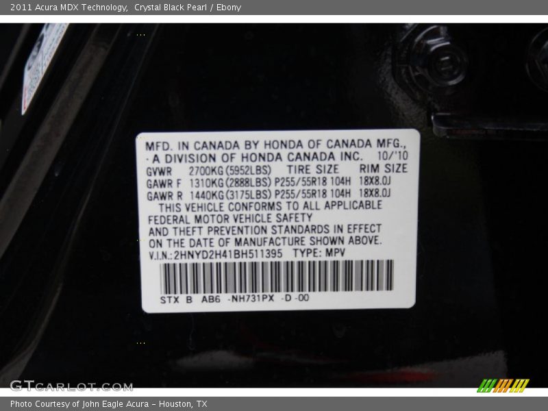Crystal Black Pearl / Ebony 2011 Acura MDX Technology