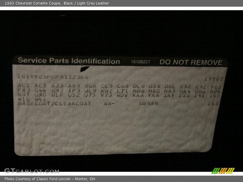 1993 Corvette Coupe Black Color Code 8555