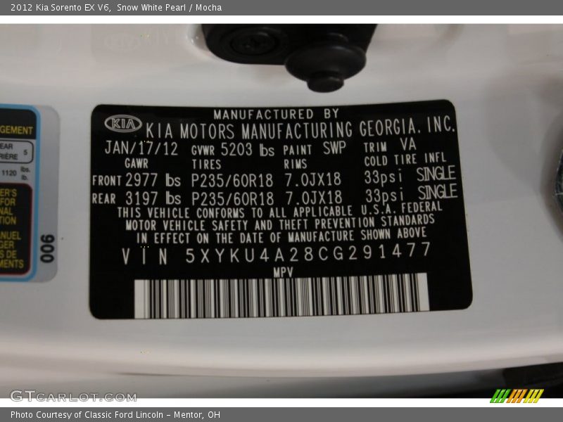 Snow White Pearl / Mocha 2012 Kia Sorento EX V6