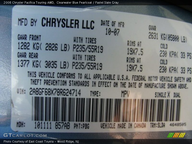 Clearwater Blue Pearlcoat / Pastel Slate Gray 2008 Chrysler Pacifica Touring AWD