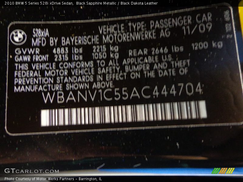 Black Sapphire Metallic / Black Dakota Leather 2010 BMW 5 Series 528i xDrive Sedan