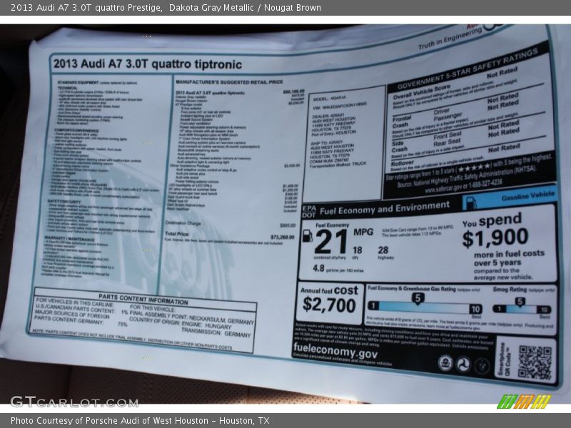 Dakota Gray Metallic / Nougat Brown 2013 Audi A7 3.0T quattro Prestige