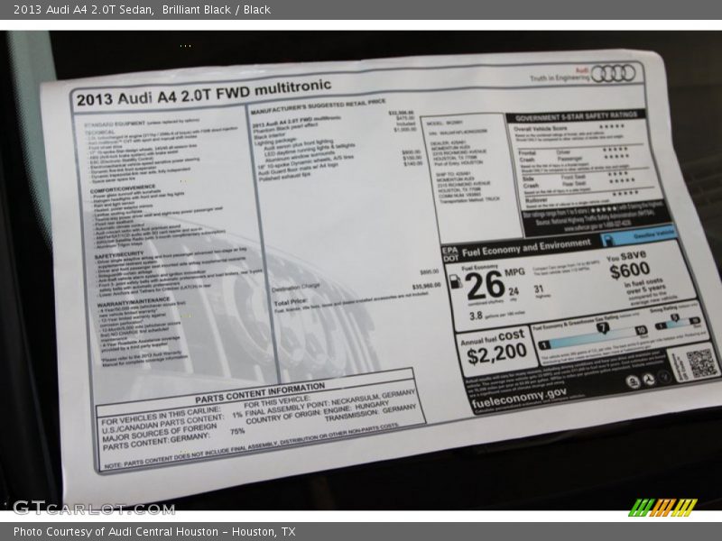  2013 A4 2.0T Sedan Window Sticker