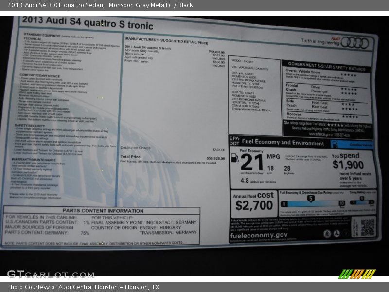  2013 S4 3.0T quattro Sedan Window Sticker