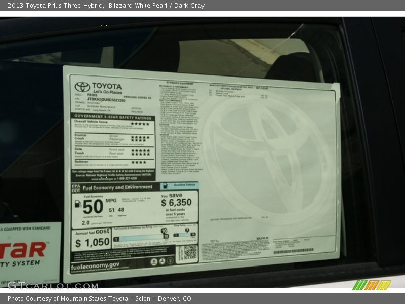 Blizzard White Pearl / Dark Gray 2013 Toyota Prius Three Hybrid