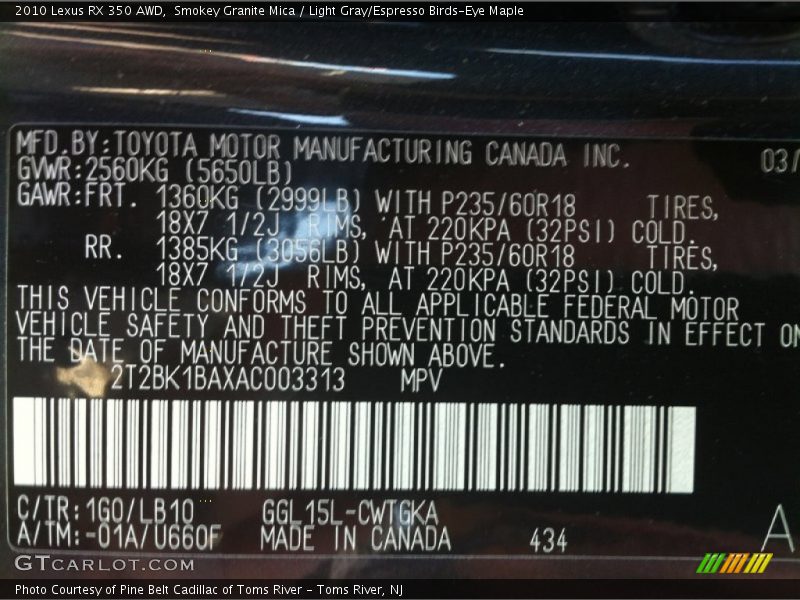 2010 RX 350 AWD Smokey Granite Mica Color Code 1G0